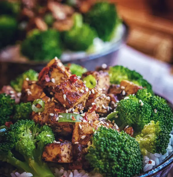 Roasted Tofu with Soy Sauce, Broccoli and Rice