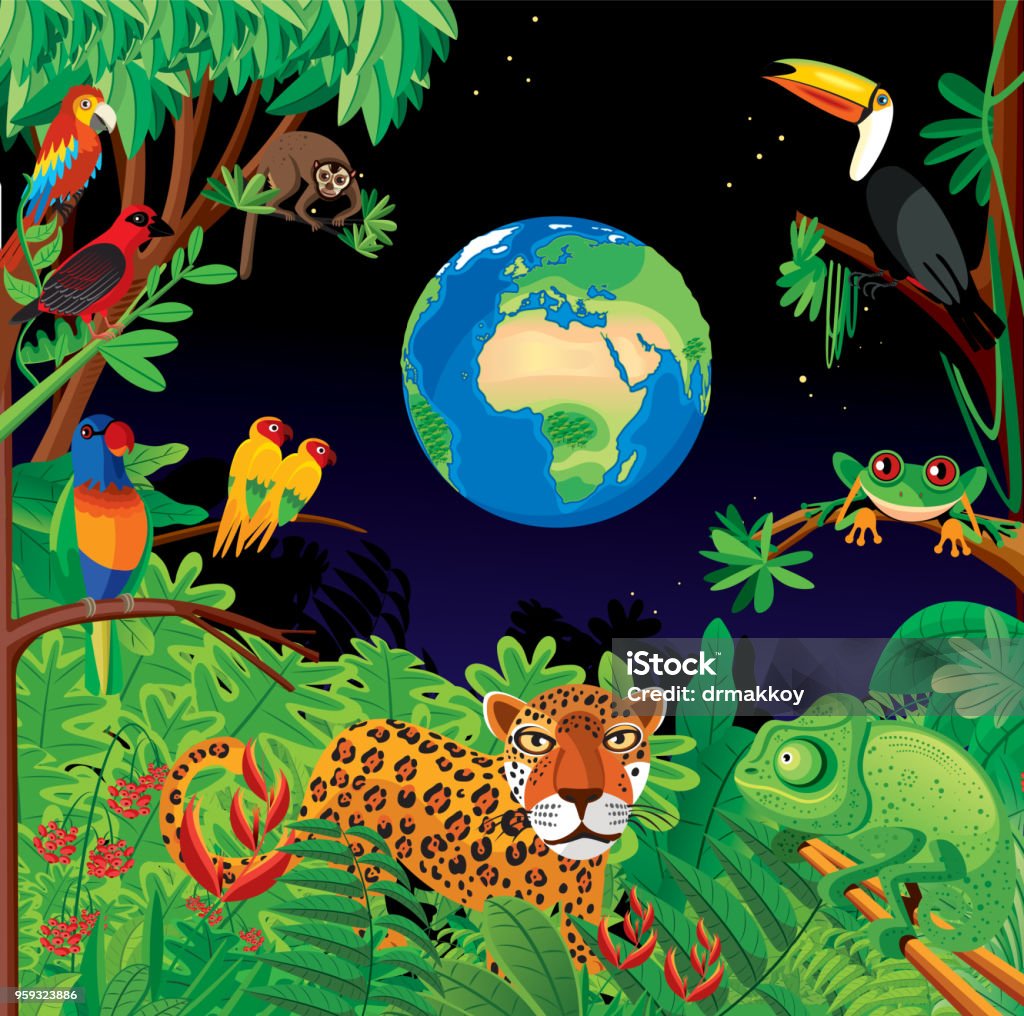 Tropical rainforest Earth
I have used 
http://legacy.lib.utexas.edu/maps/world_maps/world_physical_2015.pdf address as the reference to draw the basic map outlines with Illustrator CS5 software, other themes were created by 
myself. Animal Wildlife stock vector