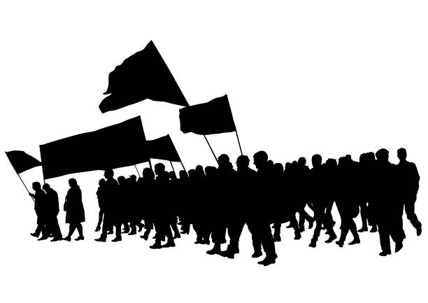 Big flag on street People of with large flags on white background marching stock illustrations