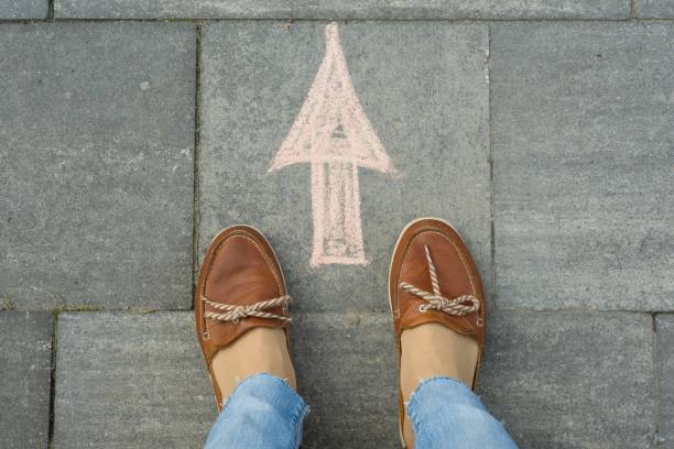 istock Female feet with arrow painted on the asphalt. 959327902