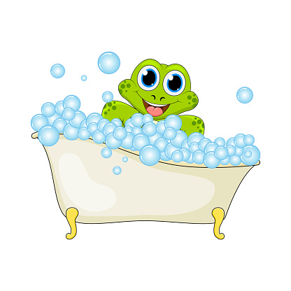 Cartoon frog in foam bath isolated on white background