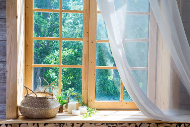 istock Empty room, wooden window with with curtain and window 959340670