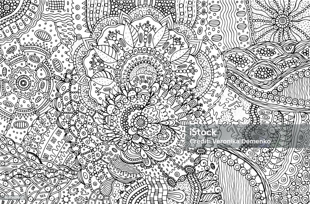 Coloring page for adults with abstract doodle background. Cartoo Coloring page for adults with abstract doodle background. Cartoon ink graphic art for adults. Vector illustration. Coloring Book Page - Illlustration Technique stock vector