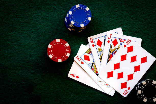 straight flush with poker chips casino stock photo