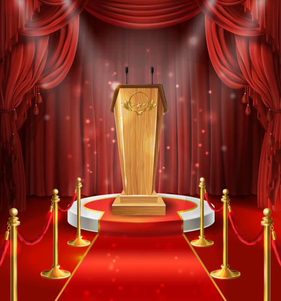 istock Vector wooden tribune, microphones, podium, red curtains 959344670
