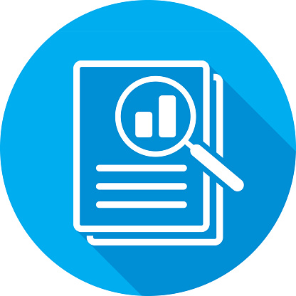 Vector illustration of a blue magnifying glass in front of files icon in flat style.