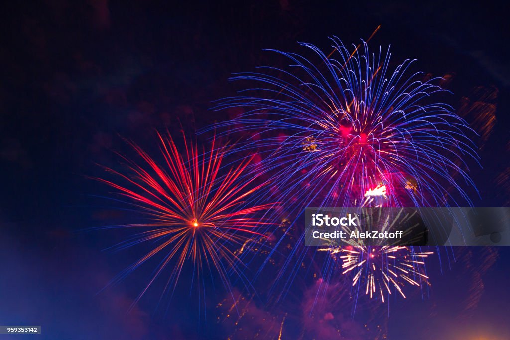 Celebration multicolored fireworks, copy space. 4 of July, 4th of July, Independence Day beautiful fireworks Celebration multicolored fireworks, copy space. 4 of July, 4th of July, Independence Day beautiful fireworks. Firework Display Stock Photo