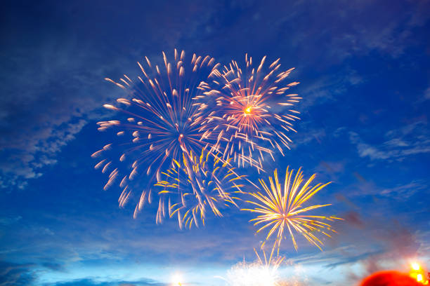 Fireworks in sky twilight. Fireworks display on dark sky background. Independence Day, 4th of July, Fourth of July or New Year.