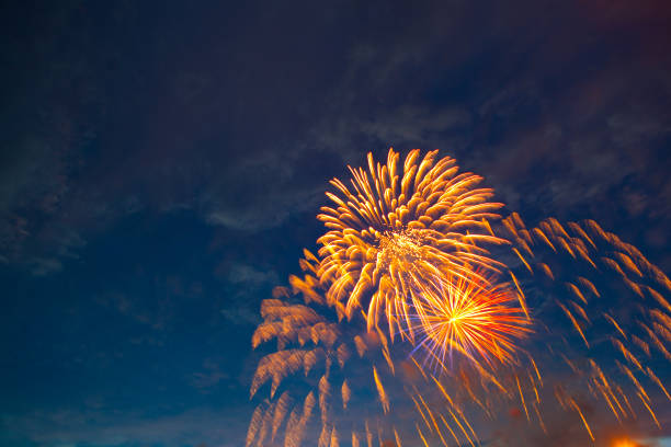 istock Fireworks in sky twilight. Fireworks display on dark sky background. Independence Day, 4th of July, Fourth of July or New Year 959355424