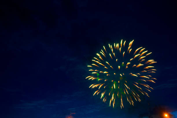 istock Fireworks in sky twilight. Fireworks display on dark sky background. Independence Day, 4th of July, Fourth of July or New Year 959355870
