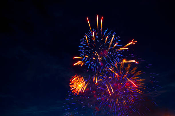 istock 4th July fireworks. Fireworks display on dark sky background 959355934