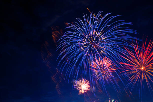 istock Fireworks in sky twilight. Fireworks display on dark sky background. Independence Day, 4th of July, Fourth of July or New Year 959355956