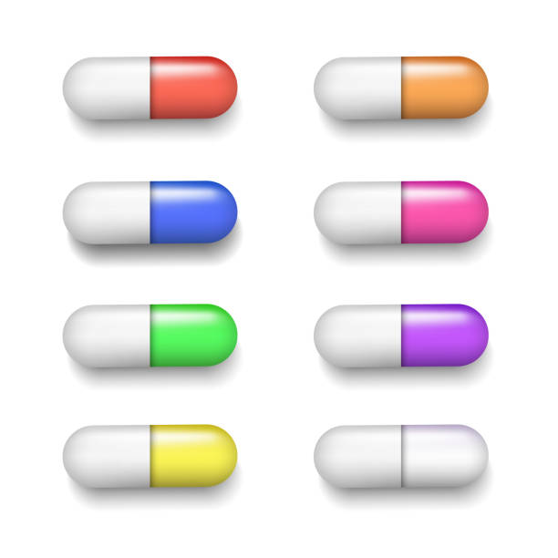 illustrations, cliparts, dessins animés et icônes de groupe vecteur de capsules colorées isolé sur fond blanc - vector vitamin pill purple orange