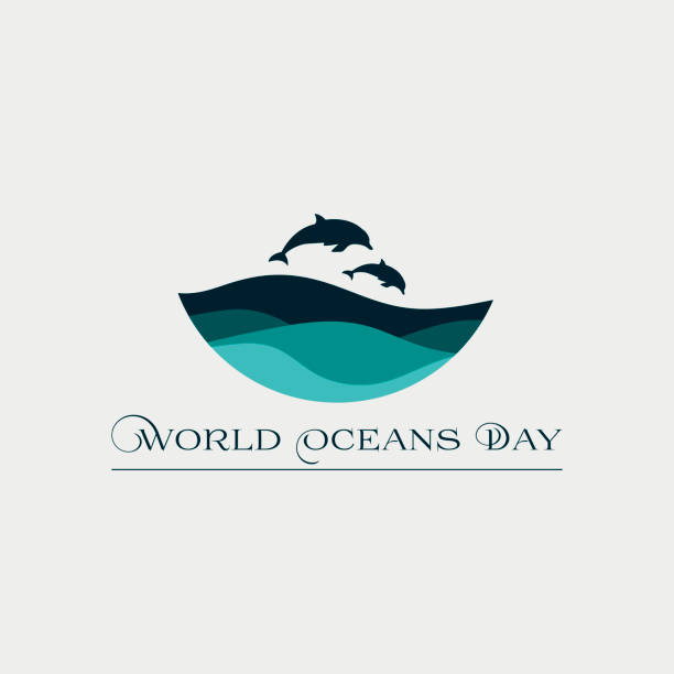 ilustrações, clipart, desenhos animados e ícones de cartão de conceito bonito para o dia mundial do oceanos com ondas e golfinhos. - mammals