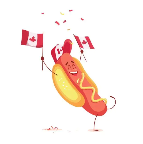 Vector illustration of Funny cartoon hot dog holding canadian flag.