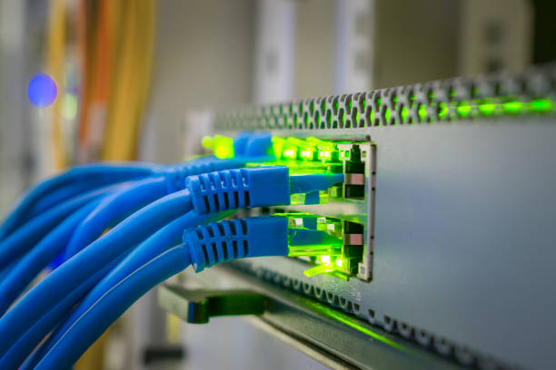 kilka patchcords są podłączone do przełącznika zarządzanego. połączenie z internetem. przewody sieciowe są zawarte w portach routera centralnego. selektywna ostrość - cable node switch router zdjęcia i obrazy z banku zdjęć