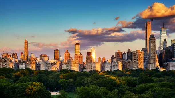 New York City Upper East Side skyline at sunset, USA. stock photo