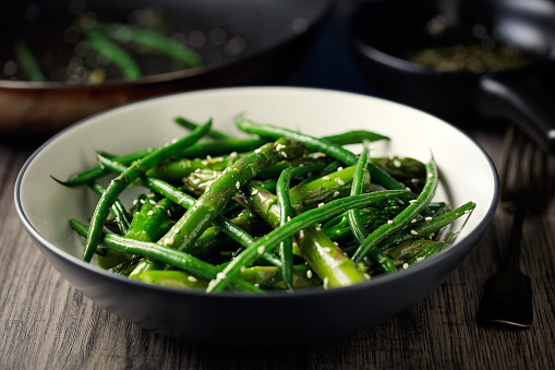 Home made freshness stir fry asparagus, green beans, and broccoli, with sesame oil and soy sauce