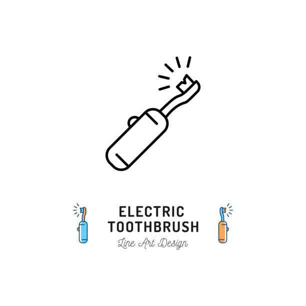 ilustrações, clipart, desenhos animados e ícones de ícone de linha de escova de dentes elétrica. cuidado dental, higiene bucal, limpeza dos dentes. ilustração vetorial - dental hygiene elegance black toothbrush