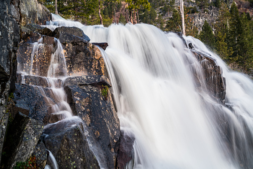 Perfect nature motion Eagle Falls at Emerald Bay of Lake Tahoe , California in the Sierra Nevada Mountains - time lapse long exposure