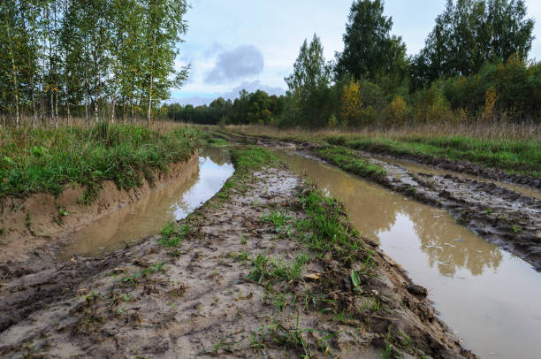 istock Big puddles on dirt road 959367380