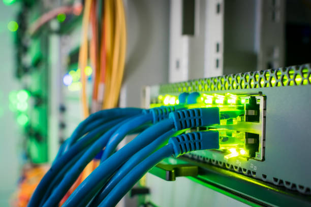 ネットワークの配線は、管理スイッチに接続されます。インターネット機器のポートで緑の徴候示さない。青いパッチコードの束は、ネットワーク ハブのポートに含まれます。選択と集中 - cable network server network connection plug green ストックフォトと画像