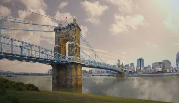 horizontal photograph of the John A. Roebling Suspension Bridge in Cincinnati, Ohio viewed from Covington, KY