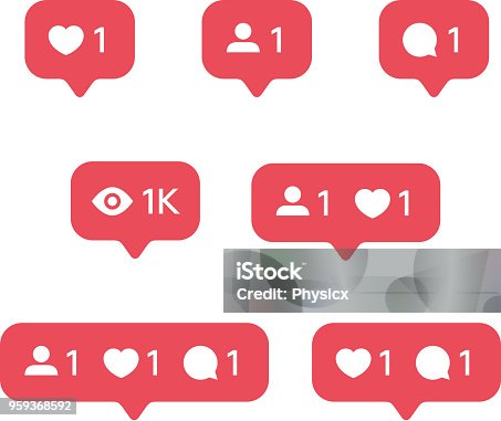 istock Red Heart like, new message bubble, friend request quantity number notifications icons templates. Social network app icons. 959368592