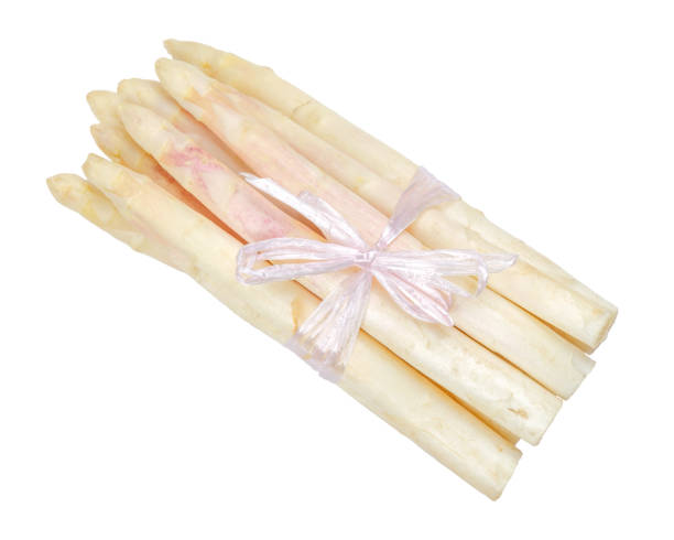istock Bundle of white asparagus shoots over white 959372556