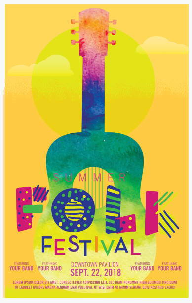 ilustraciones, imágenes clip art, dibujos animados e iconos de stock de plantilla de diseño de cartel acuarela festival folk de la textura - music festival