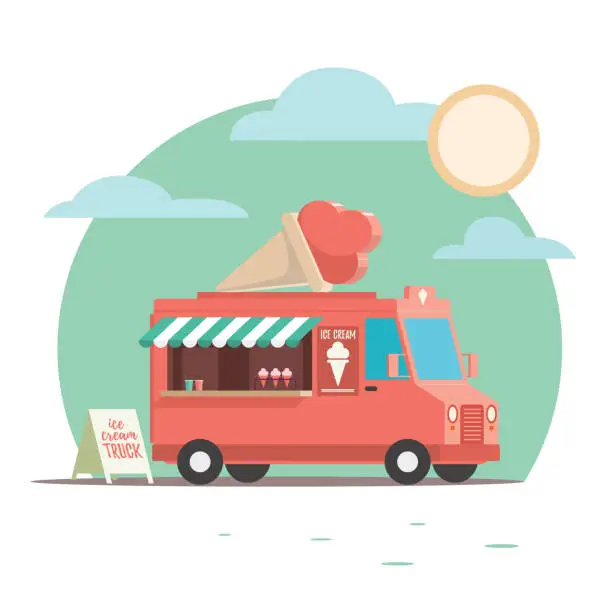Vector illustration of Colorful and Playful Ice Cream Truck with Ice Cream, cone on top.