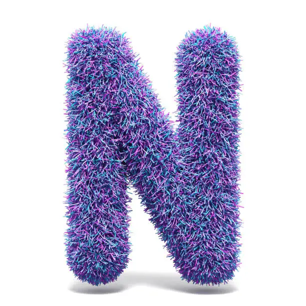 Purple faux fur LETTER N 3D render illustration isolated on white background