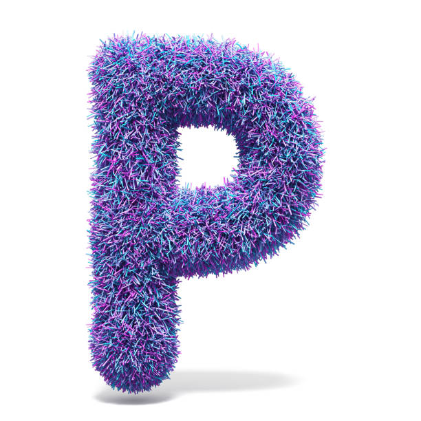 pelliccia sintetica viola lettera p 3d - letter p alphabet three dimensional shape blue foto e immagini stock