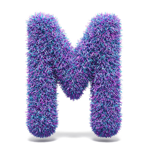 purple faux fur letter m 3d - letter m alphabet three dimensional shape plastic imagens e fotografias de stock