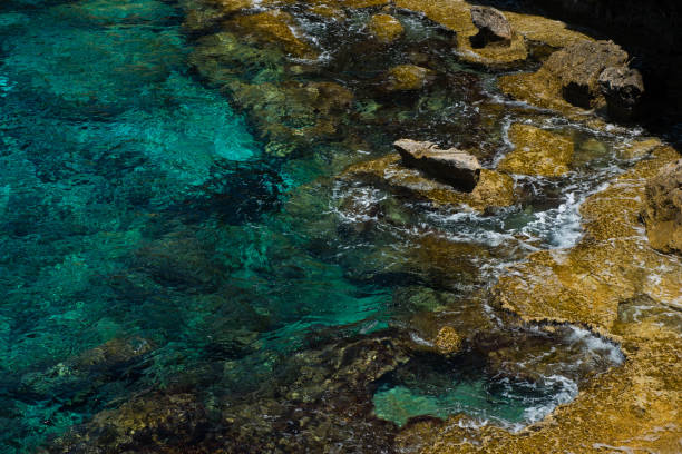 istock Crystal clear turquoise sea water background and rocky coast 959387834
