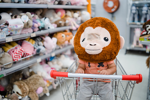 Kid in shopping cart wearing monkey mask.