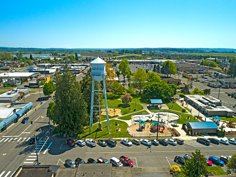 Marysville, Washington/USA - May 13, 2018: Water Tower Comeford Park Aerial View