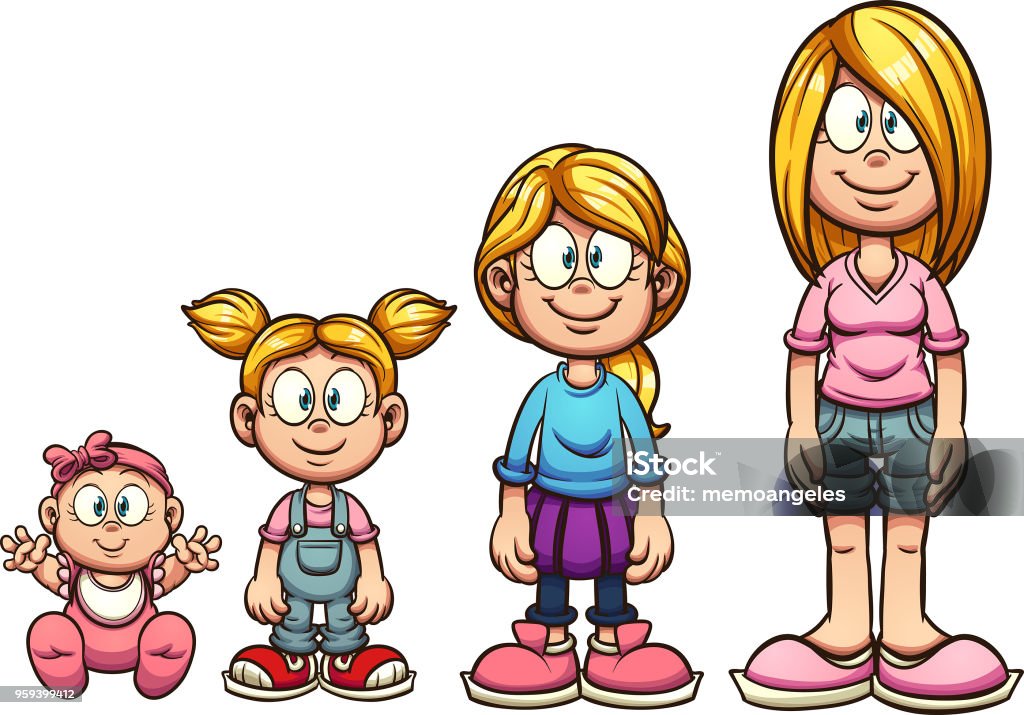 Growing cartoon girl Cartoon girl growing up from baby to teenager. Vector clip art illustration with simple gradients. Each on a separate layer. Short Person stock vector