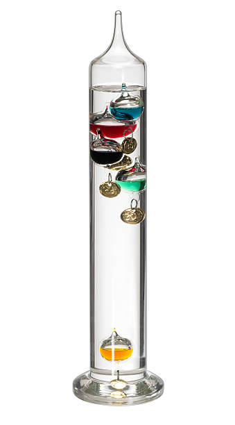 Galileo thermometer temperature theme showing a Galileo thermometer in white back, with clipping path volume fluid capacity stock pictures, royalty-free photos & images