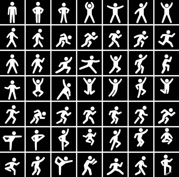 People in motion Active Lifestyle Vector Icon Set in Black People in motion Active Lifestyle Vector Icon Set in Black. This vector illustration features stick figures of people in motion. Each icon is showing the human body in various position. The icons are placed against a black square background. jumping jacks stock illustrations