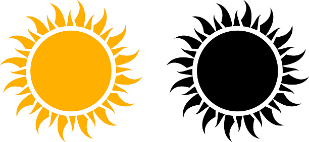 This 100% royalty free vector graphic features two variations of the sun icon. The first one in yellow and the second one black color. The background of the illustration is white.