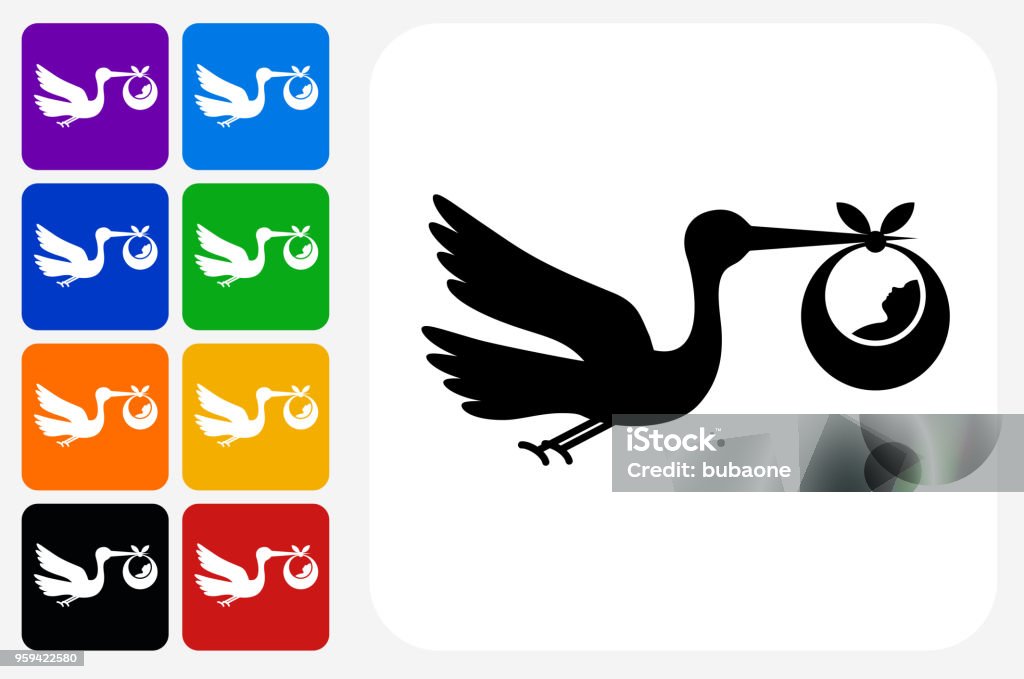 Stork and Newborn Icon Square Button Set Stork and Newborn Icon Square Button Set. The icon is in black on a white square with rounded corners. The are eight alternative button options on the left in purple, blue, navy, green, orange, yellow, black and red colors. The icon is in white against these vibrant backgrounds. The illustration is flat and will work well both online and in print. Stork stock vector
