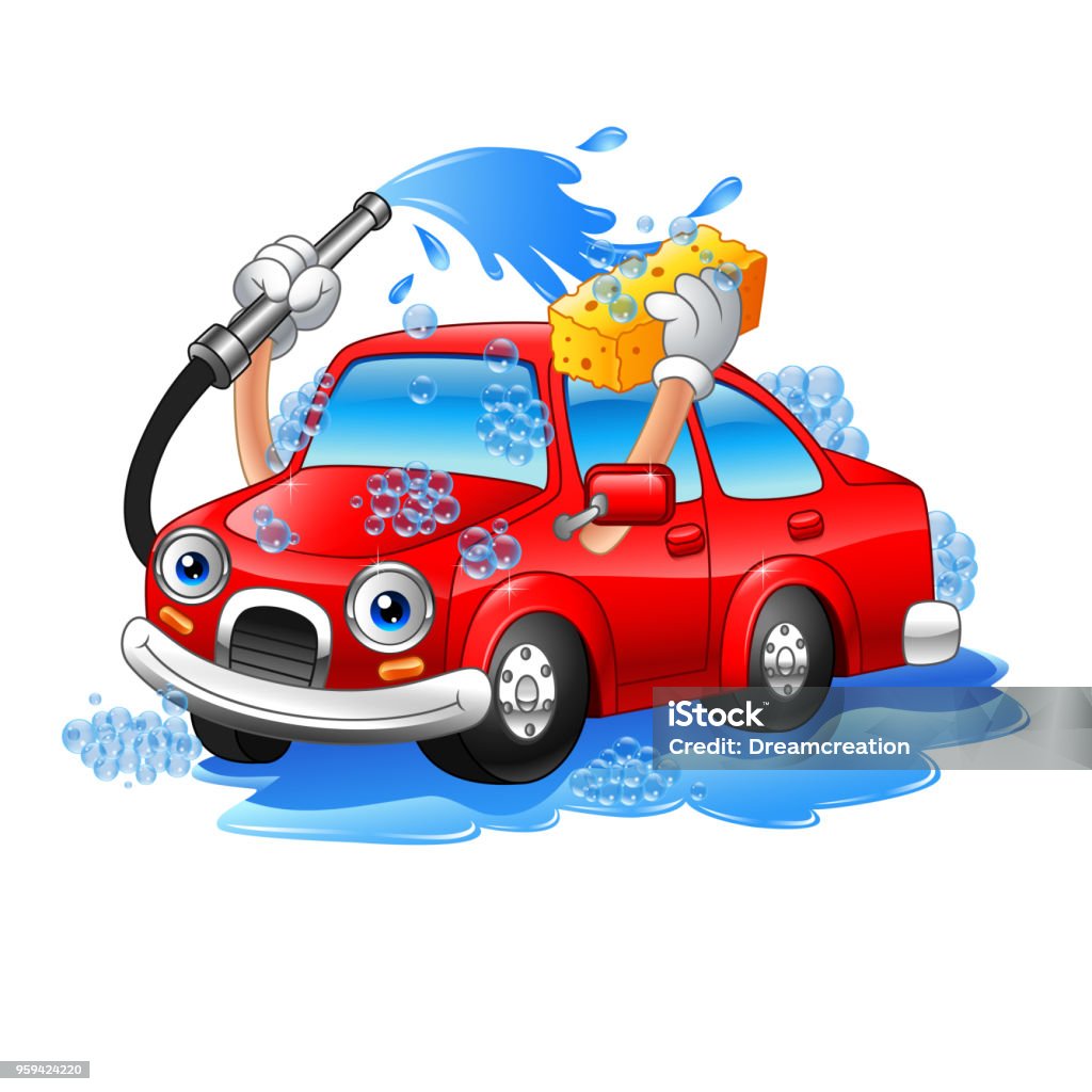 Cartoon Funny Car Washing With Water Pipe And Sponge Stock Illustration -  Download Image Now - iStock