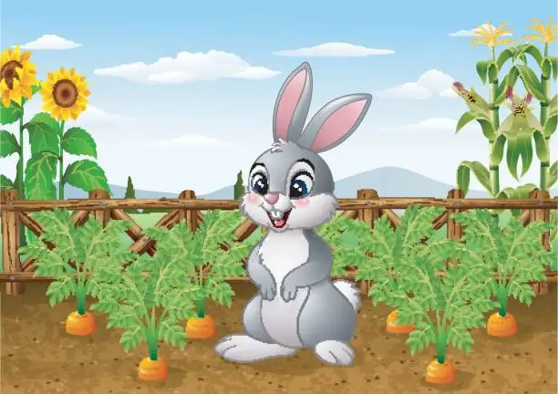 Vector illustration of Cartoon rabbit with carrot plant in the garden