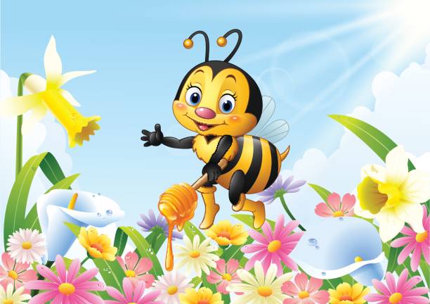 istock Cartoon bee holding honey dipper with flower background 959428126