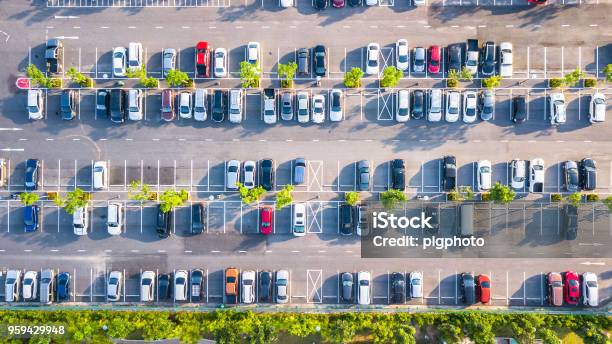 Aerial View Parking Lot And Car Stock Photo - Download Image Now - Parking Lot, Parking, Car