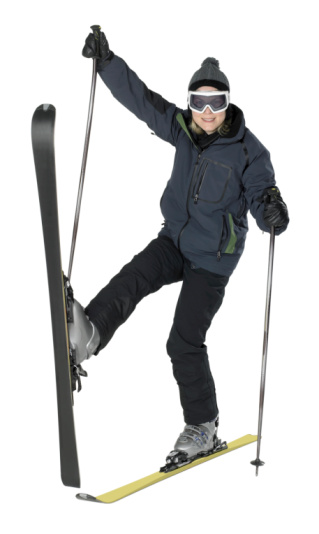 whole body shot of a dark dressed skiing girl in strange posture, isolated on white
