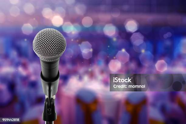 Close Up Microphone On Stage In Ball Room Stock Photo - Download Image Now - Microphone, Stage - Performance Space, Singing