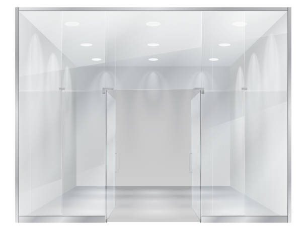 glass showcase of boutique Glass showcase of boutique. A view of the interior of a small store through a large window showcase. Template for the design of the exhibition stand of the shop. store wall surrounding wall facade stock illustrations