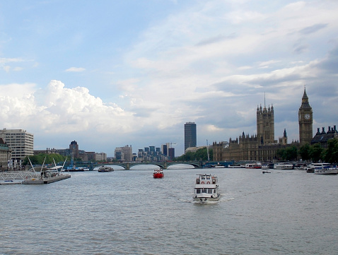 London city scenery seen from the middle of river Thames at summer time